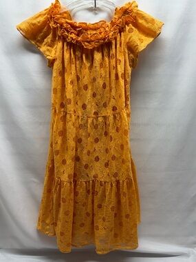Sz M Trina Turk Orange Off The Shoulder Tiered Dress Lined Flared Floral Lace